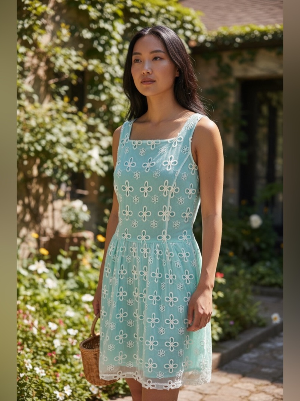 Jennifer Lopez Aqua Floral Lace Eyelet Midi Sun Dress